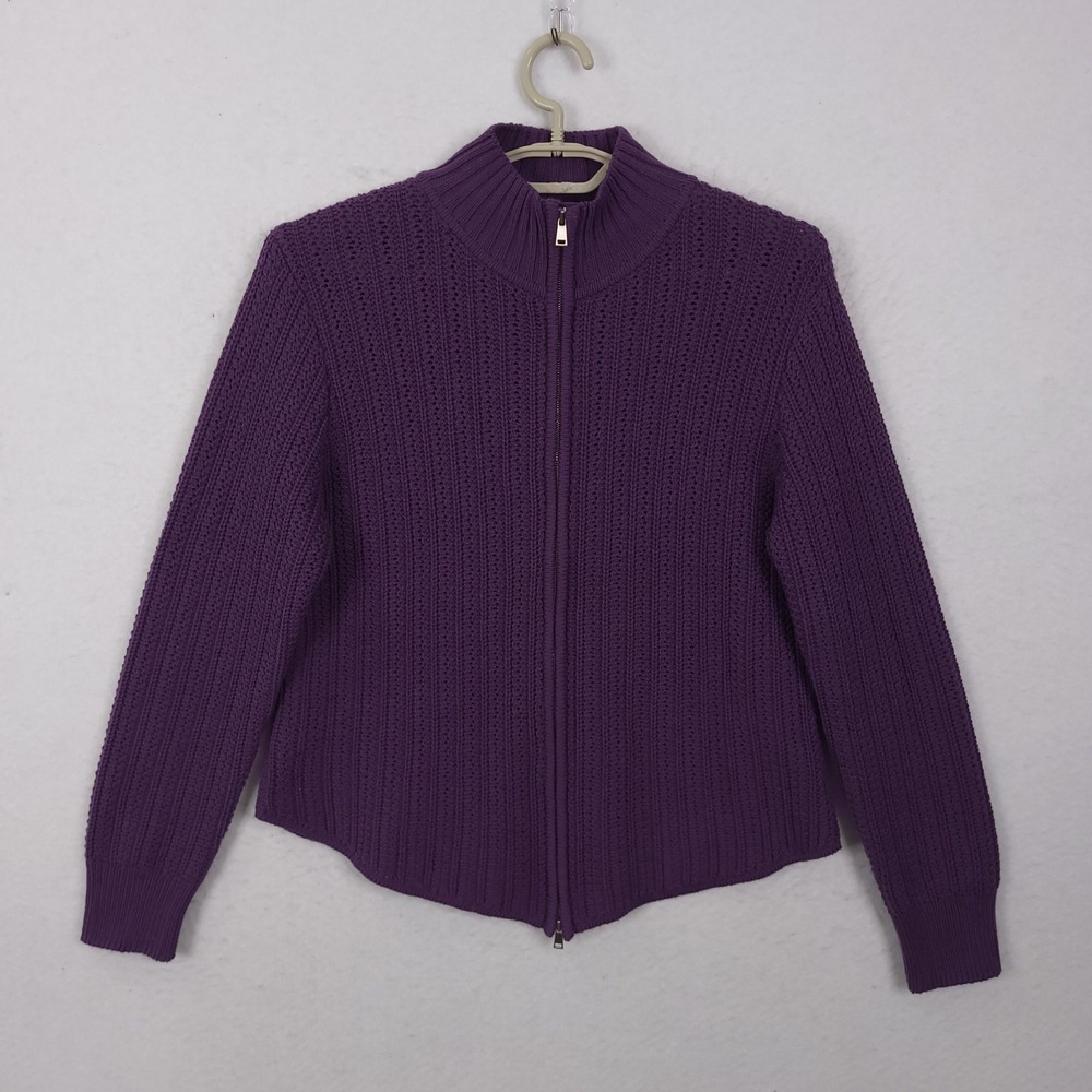 St. John Full Zip Sweater Women Medium Purple 100% Wool Mock Neck Curved Hem